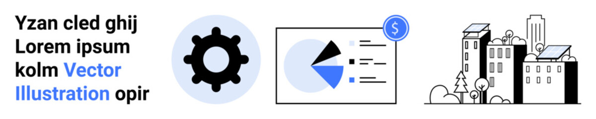 Gear icon, dynamic pie chart with dollar sign, and urban cityscape with solar panels. Ideal for business, sustainability, technology, growth, innovation, renewable energy and simple landing page