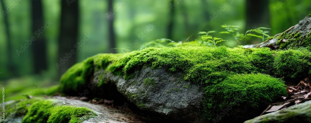 Poster green moss between grass and forest with relax mood concept. a serene view of moss-covered rocks in 