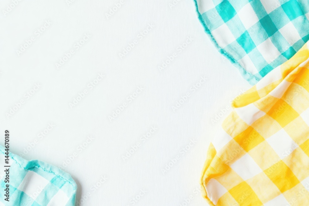 Poster pastel-colored checkered cloths arranged on a white background folded and draped fabrics in turquois