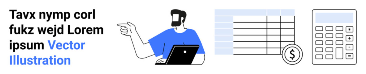 Professional discussing data trends with a laptop, a financial table, and a calculator for budgeting, accounting, or education. Ideal for finance, analysis, business, education planning training