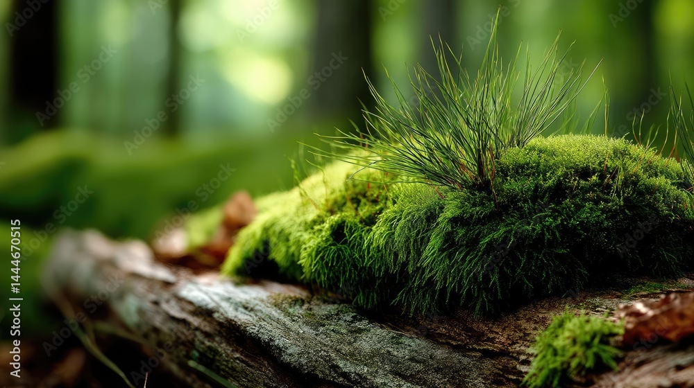 Poster green moss in forest with peaceful relax mood concept. lush green moss on a tree trunk in a forest.