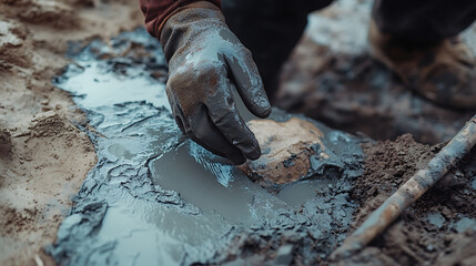 Hand in Glove Working with Wet Cement
