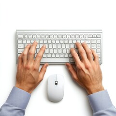 hands typing on a keyboard and using a mouse, isolated on a white background,