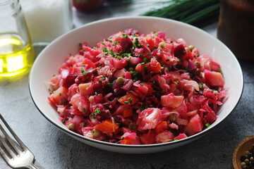 A bowl with Vinegret salad, a typical Russian dish