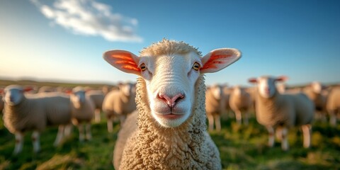 Happy Sheep Grazing on a Farm Field