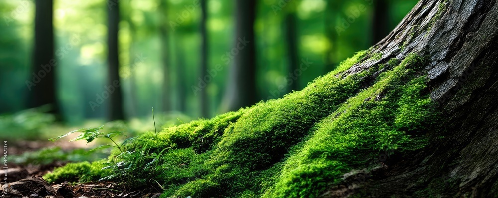 Aufkleber green moss under forest light with peaceful mood concept. lush green moss covering a tree trunk in a