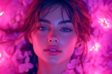 Attractive brazilian young woman surrounded by cherry blossoms. Commercial promotion visual graphic design. Spring mood, dark night and warm mystic light - complementary lighting.