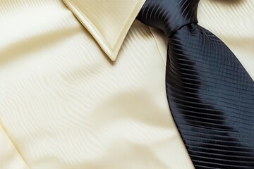 Elegant close-up of a cream dress shirt and black tie, showcasing fabric texture and style