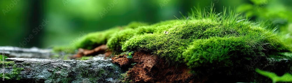 Aufkleber green moss in forest with peaceful relax mood concept. vibrant moss on a forest log in soft sunlight