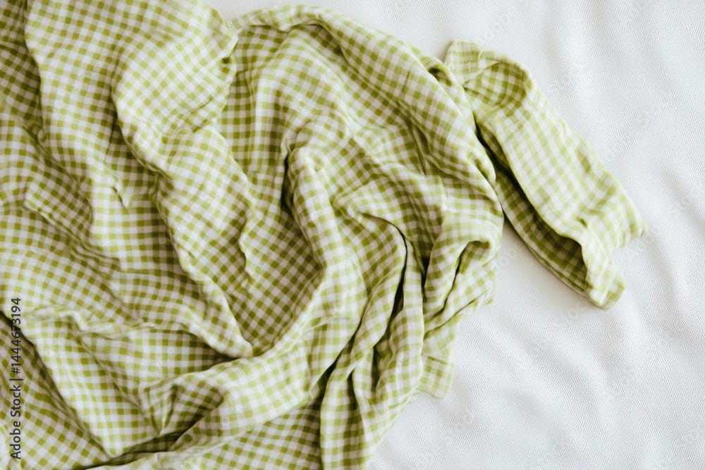 Poster soft, light green and white checkered fabric draped over a white surface wrinkled, flowing folds and