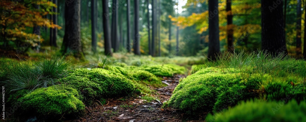 Poster green moss between grass and forest with relax mood concept. lush forest path with vibrant green mos