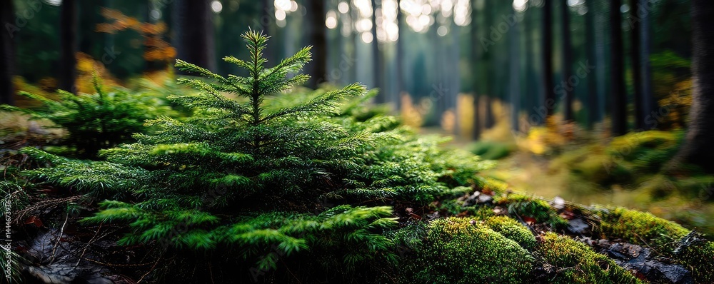 Poster green moss between grass and forest with relax mood concept. vibrant forest scene with lush ferns an