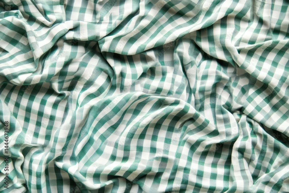 Aufkleber Wrinkled green and white checkered fabric  A close-up view of a draped textile with a repeating pattern of green and white stripes