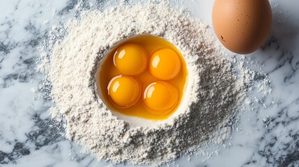 Fresh eggs surrounded by flour on marble surface.