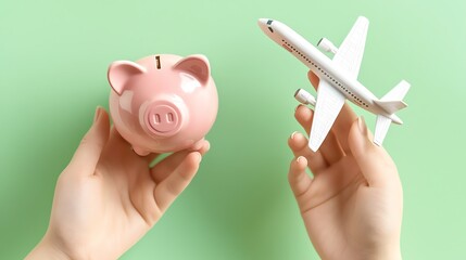 Hands holding a piggy bank and airplane toy.