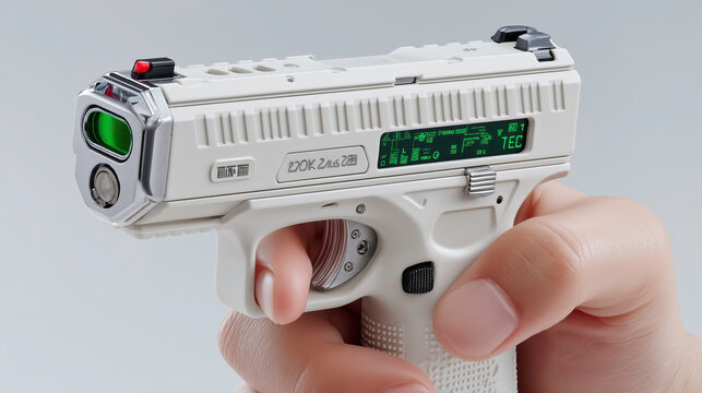 Futuristic white thermogun with digital infrared sensor and ammo counter display, modern grip design, close-up hand holding sci-fi medical device or smart weapon concept
