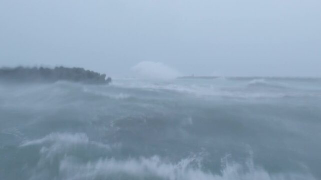 Rough Sea Waves And Powerful Winds In Eyewall Of Hurricane At Landfall - Lan