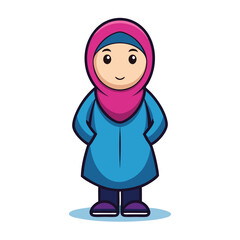 Cute Muslim Girl Cartoon Character, Full Body View, Smiling Face, Pink Hijab, Isolated