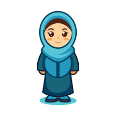 Standing Muslim Girl Cartoon. Character wears blue hijab, dress, fair skin, smiling face
