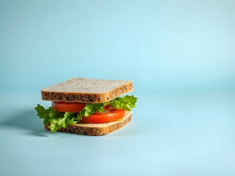 sandwich with tomato lettuce and cheese on the left side  blue background