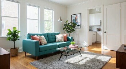 Fototapeta premium A bright living room with a teal sofa, a glass table, and a view into a white kitchen area