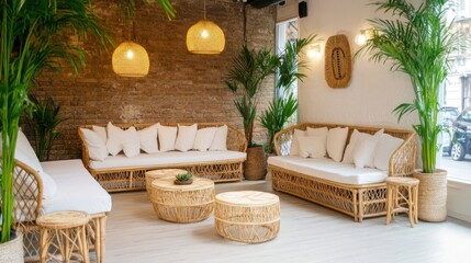 Obraz premium Light-filled interior space with light-colored wicker furniture.