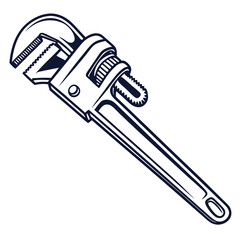 Adjustable Pipe Wrench Illustration, Metal Plumbing Tool, Repair Equipment, Isolated on White