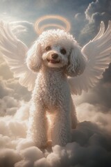 White Poodle Angel in Fluffy Clouds Digital Art