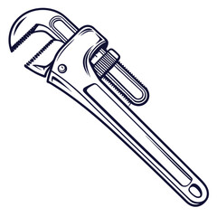 Detailed Line Drawing of Pipe Wrench, Adjustable Plumber Tool, Black and White