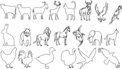 Animal line Vector Set – Pets and Wild Animals Including Cat, Dog, Lion, Rooster, Hen, Cow, Elephant, Panda, Fish, Horse, Turkey, Pig, Bull, and More