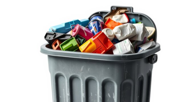 An overflowing gray plastic trash can is filled with various types of colorful household waste and discarded recyclable materials.
