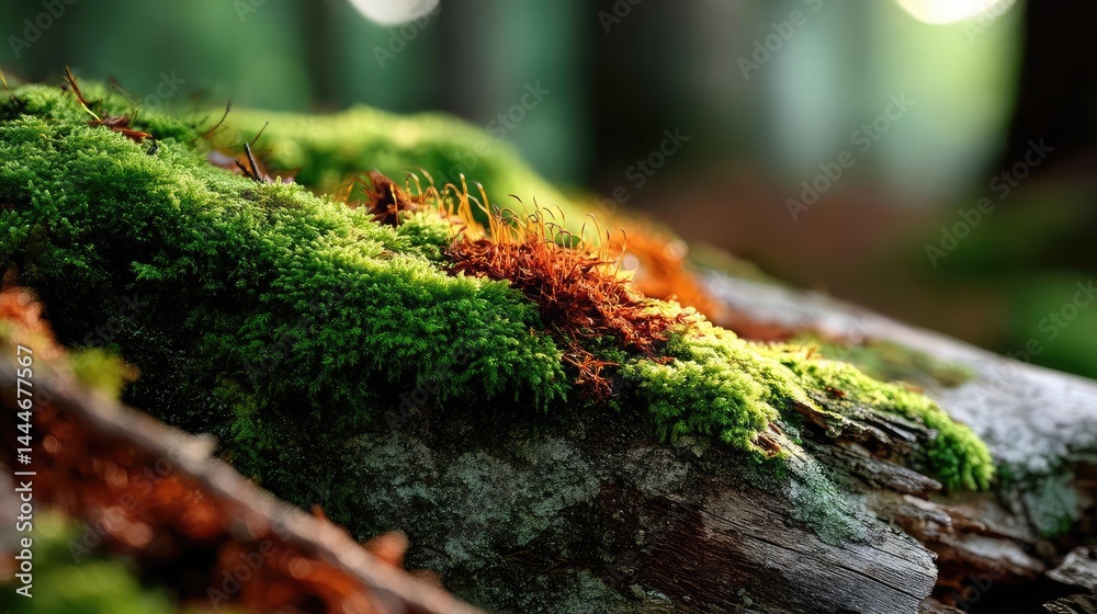 Aufkleber green moss under forest light with peaceful mood concept. vibrant green moss on a log in a serene fo