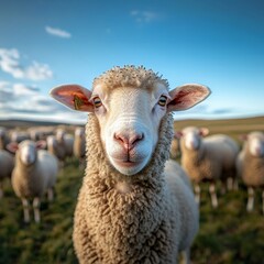 Fototapeta premium Curious Sheep on a Countryside Farm with Peaceful Background