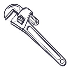Adjustable Pipe Wrench Illustration, Black & White Tool Design on White Background, Isolated