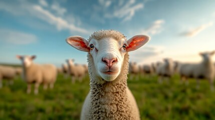 Obraz premium Happy Sheep Grazing on a Farm Field