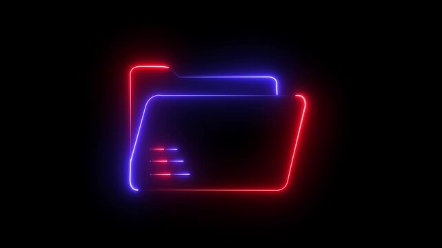 Glowing neon file folder sign. 4K Video motion graphic animation. neon files and folders icon. neon files and folders icon. File icon neon animation with black background 4k videos.