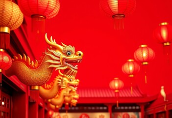 Fototapeta premium Red background, golden dragon lanterns hanging, festive Asian celebration, ample empty space, graphic, space