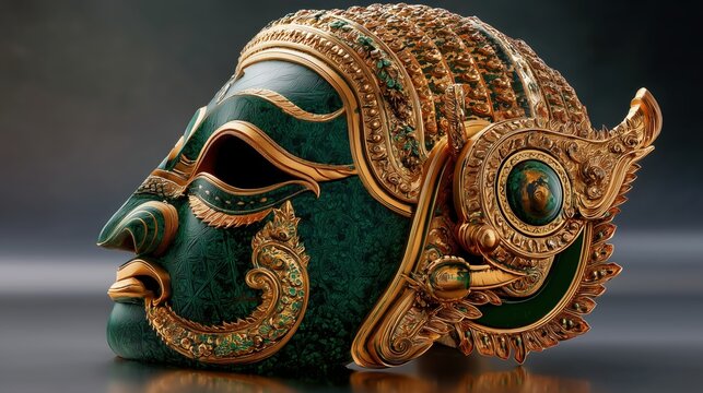 3D Profile View of Traditional Khon Thai Mask with Golden Trim