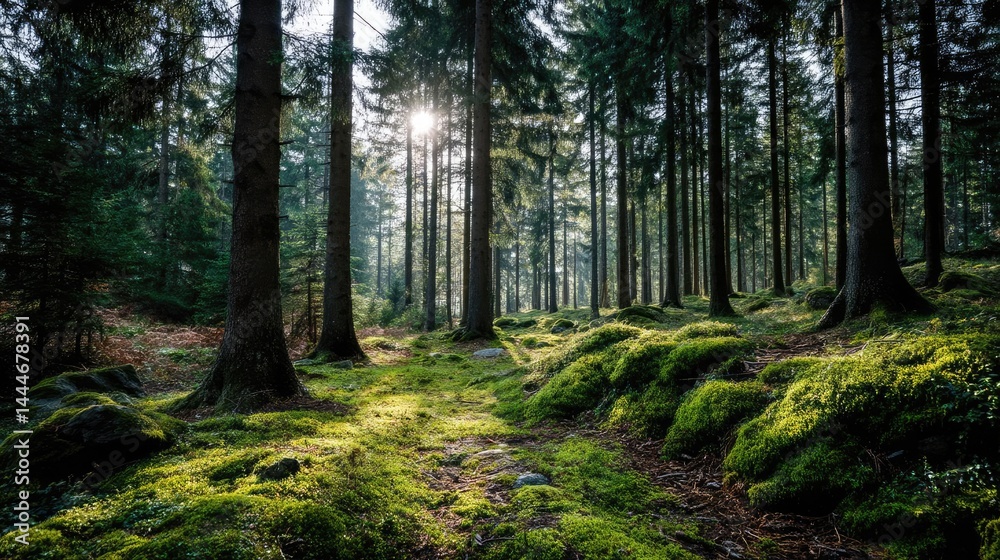 Poster green moss under forest light with peaceful mood concept. sunlight filters through trees in a serene