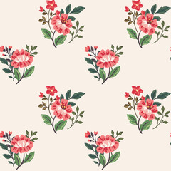 Seamless floral pattern, elegant ditsy print in classic motif. Beautiful botanical design with large hand drawn red flowers, small leaves, blooming bouquets. Vector illustration.