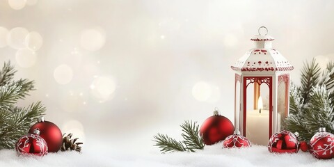 Bright White Lantern Shining in Snowy Landscape with Red Ornaments