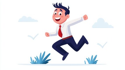 Fototapeta premium Dynamic Illustration of a Happy Businessman Running Joyfully in a Colorful Landscape with Clouds and Grass