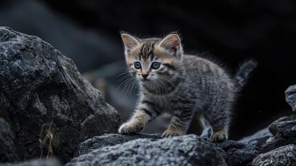 A small, striped kitten delicately explores dark, rocky terrain.