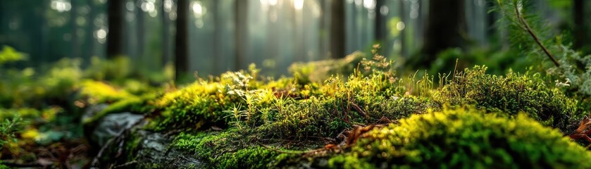 Green moss under forest light with peaceful mood concept. Lush forest floor with sunlight filtering through the trees.