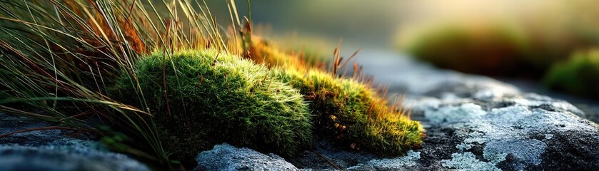 Green moss between grass and forest with relax mood concept. Lush green moss growing on a rocky surface in natural light.