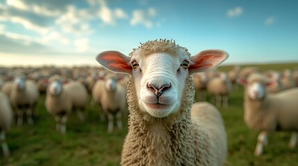 Obraz premium Happy Sheep Grazing on a Farm Field