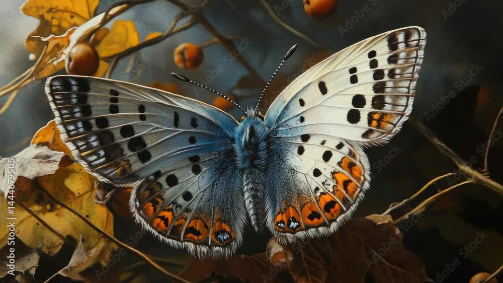 Poster a close-up view of a colorful butterfly perched on a tree branch, surrounded by lush greenery