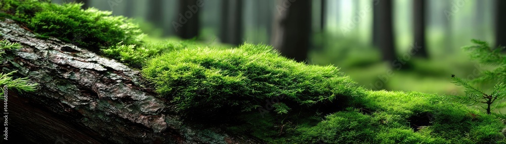 Aufkleber green moss under forest light with peaceful mood concept. lush green moss covering a log in a tranqu