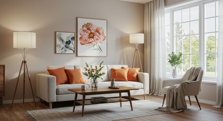 Fototapeta premium A living room with a white sofa orange pillows and a coffee table with flowers and artwork on the wall