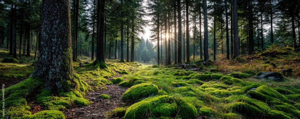 Aufkleber green moss in forest with peaceful relax mood concept. sunlight filters through a serene forest.